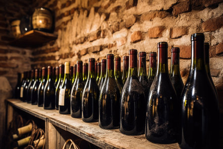homemade wine bottles stored in a cellar, created with generative aiの素材