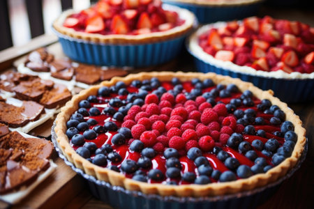 sliced red and blue fruit pies on a buffet, created with generative aiの素材