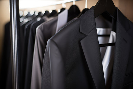 detail shot of a black business suit hanging on a rack, created with generative aiの素材