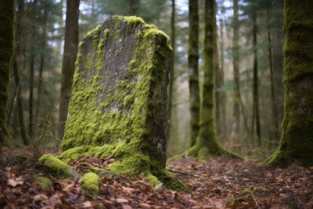 old boundary stone covered in moss in forest, created with generative aiの素材