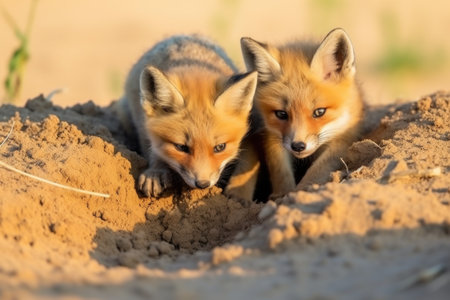 foxes digging holes in a sand field, created with generative aiの素材