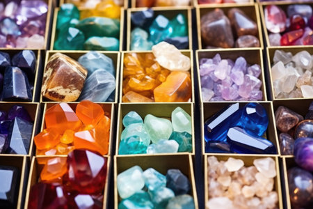 colorful piles of gemstones ready to be set into lockets, created with generative aiの素材