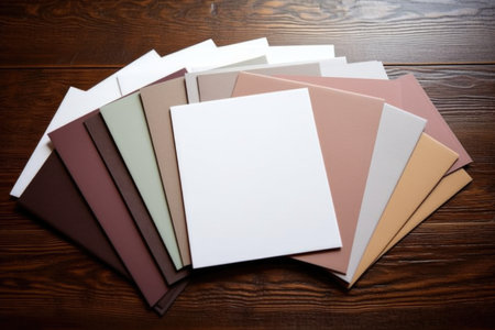 overhead shot of blank luxury letterheads on a wooden table, created with generative aiの素材