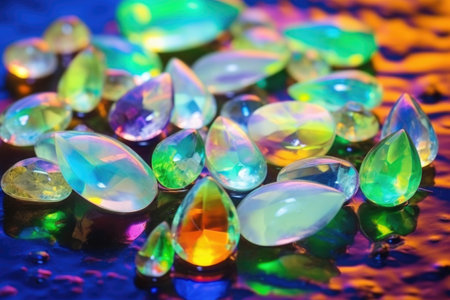 opal jewels arranged in crystal clear water for cleaning, created with generative aiの素材
