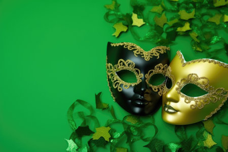 party masks on green backdrop, created with generative aiの素材