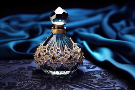 luxury perfume bottle decorated with crystals on a velvet surface, created with generative aiの素材