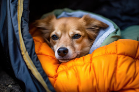 a dog inside a sleeping bag near a campfire, created with generative aiの素材