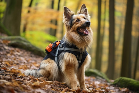 a dog with hiking gear in a forest, created with generative aiの素材