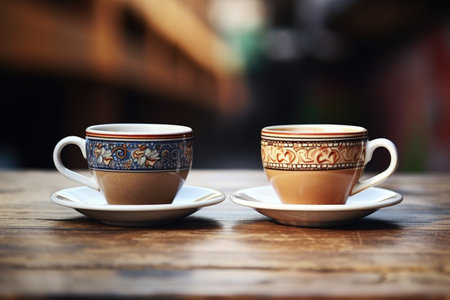 close-up of two coffee cups on a table, created with generative aiの素材