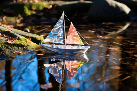 a toy sailboat floating in a shimmering pond, created with generative aiの素材