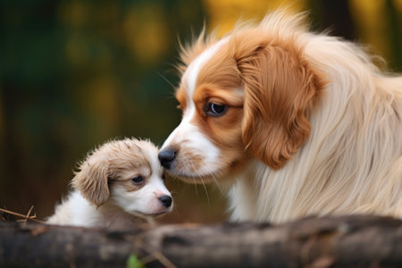 a dog comforting a scared puppy, created with generative aiの素材