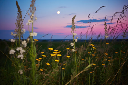 half moon seen through field of blooming wildflowers at dusk, created with generative aiの素材