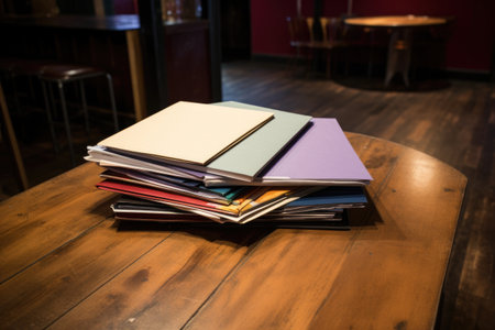 a series of theater scripts arranged on wooden table, created with generative aiの素材