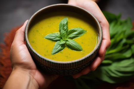 a hand holding a large fresh basil leaf over a bowl of tomato soup, created with generative aiの素材