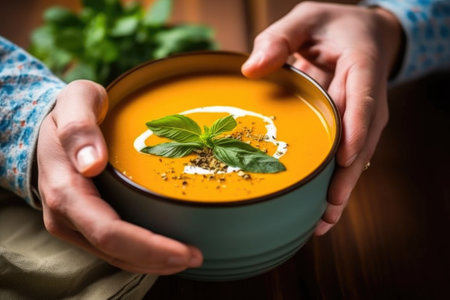 a hand holding out a spoonful of tomato basil soup towards the camera, created with generative aiの素材