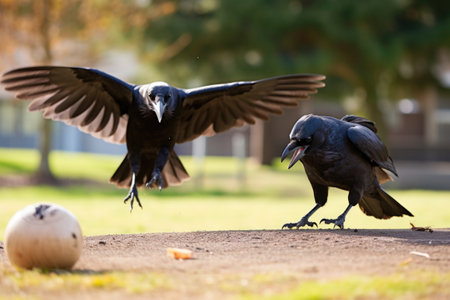 a crow stealing a shiny object while another crow watches on, created with generative aiの素材