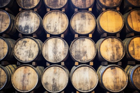 a close-up of whiskey barrels stacked in a distillery, created with generative aiの素材