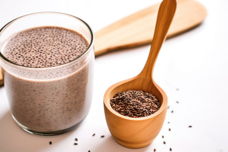 spoonful of chia seeds beside a smoothie, created with generative aiの素材