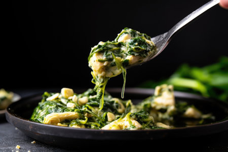 spoon dropping spinach and feta filling into chicken cavity, created with generative aiの素材