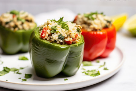 side view of stuffed bell pepper cut in half, revealing filling, created with generative aiの素材