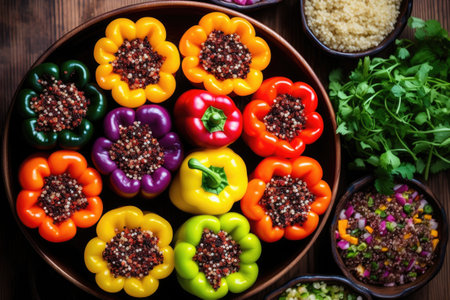 overhead shot of colorful bell peppers stuffed with quinoa, created with generative aiの素材