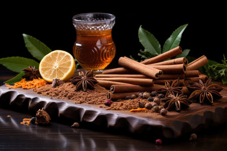 nutmeg, cinnamon, and clove on a board, created with generative aiの素材