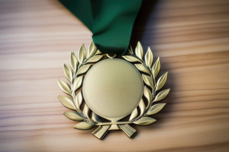 a close view of a laurel wreath shaped academic medal, created with generative aiの素材