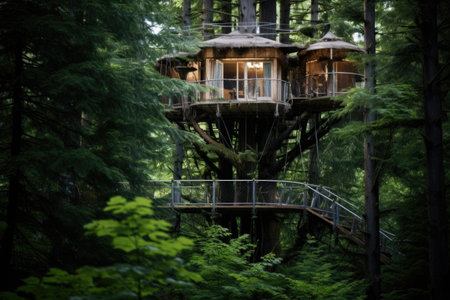 suspended treehouse in a dense forest, created with generative aiの素材