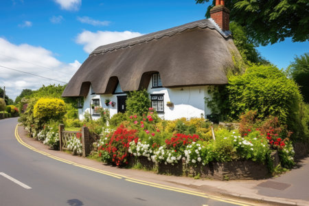 traditional thatched roof cottage in a rural setting, created with generative aiの素材