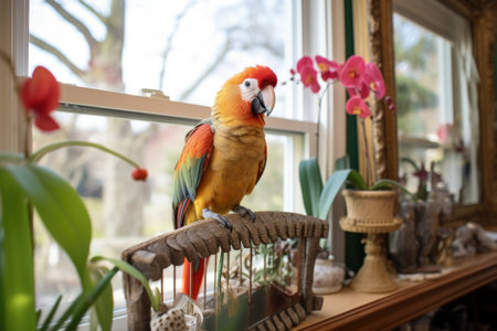 parrot perched on wooden stand in living room, created with generative aiの素材