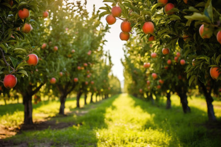 an orchard filled with ripe and ready fruits, created with generative aiの素材
