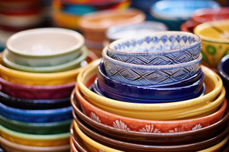 close-up of colorful handmade ceramic bowls stacked together, created with generative aiの素材