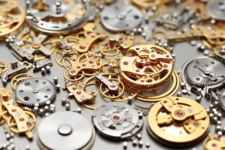high-angle shot of beautifully arranged watch screws, created with generative aiの素材