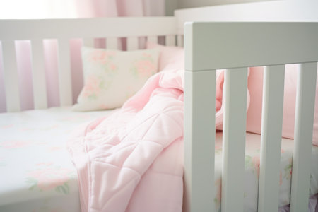 closeup of baby crib with light pastel-colored bedding, created with generative aiの素材