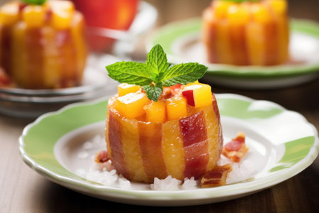 positioning bacon-wrapped diced peach on a dessert plate, created with generative aiの素材
