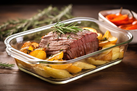beef roast in a glass baking dish, garnished with rosemary, created with generative aiの素材