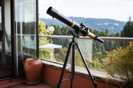 bird watching telescope set up on a balcony, created with generative aiの素材
