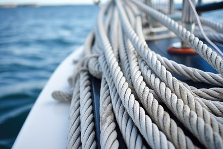 close-up of coiled ropes on the deck of a sailboat, created with generative aiの素材