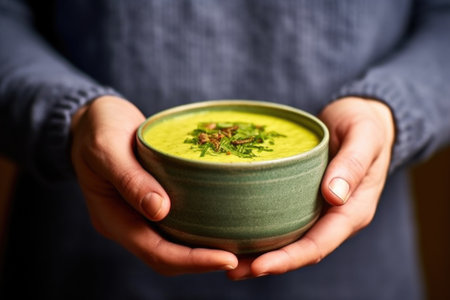 hand holding a hearty, indulgent bowl of broccoli cheddar soup, created with generative aiの素材