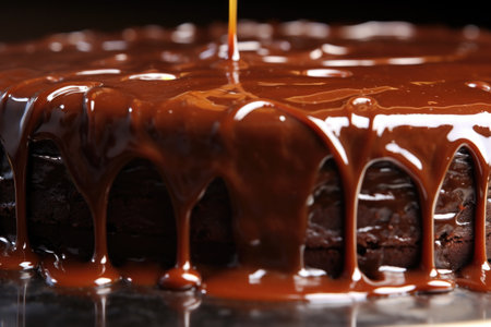 a close-up of a glossy chocolate ganache glazing a cake, created with generative aiの素材