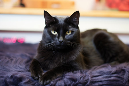 black cat relaxing on a heated bed, created with generative aiの素材