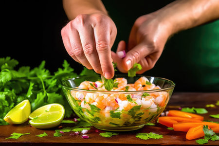 hand squeezing lime over shrimp ceviche in a glass bowl, created with generative aiの素材