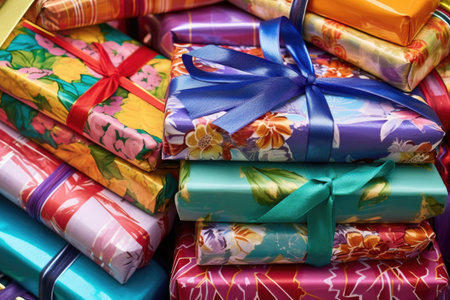 a pile of colorfully wrapped gift boxes, created with generative aiの素材