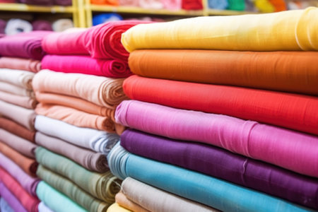 rolls of dyed fabric in a textile factory, created with generative aiの素材