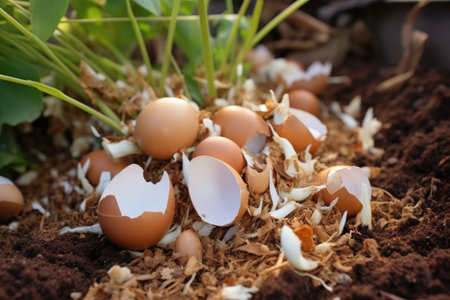 cut eggshells in compost pile, created with generative aiの素材