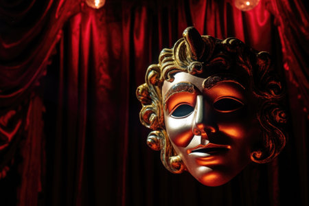 detail of a theatrical mask lit by stage lights, created with generative aiの素材