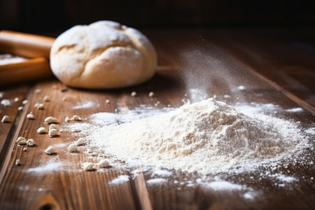 fresh dough with flour sprinkled around on a wooden table, created with generative aiの素材