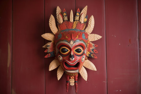 decoratively crafted tribal mask hanging on a wall, created with generative aiの素材