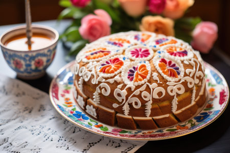 russian birthday bread karavai decorated with floral patterns, created with generative aiの素材