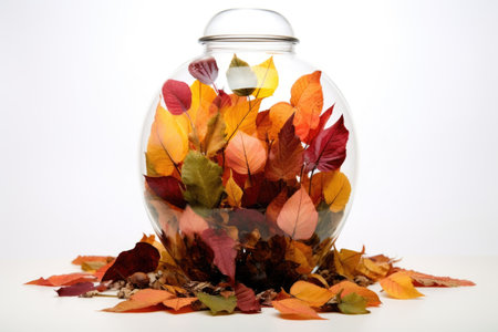 autumn leaves arranged in a glass terrarium, created with generative aiの素材